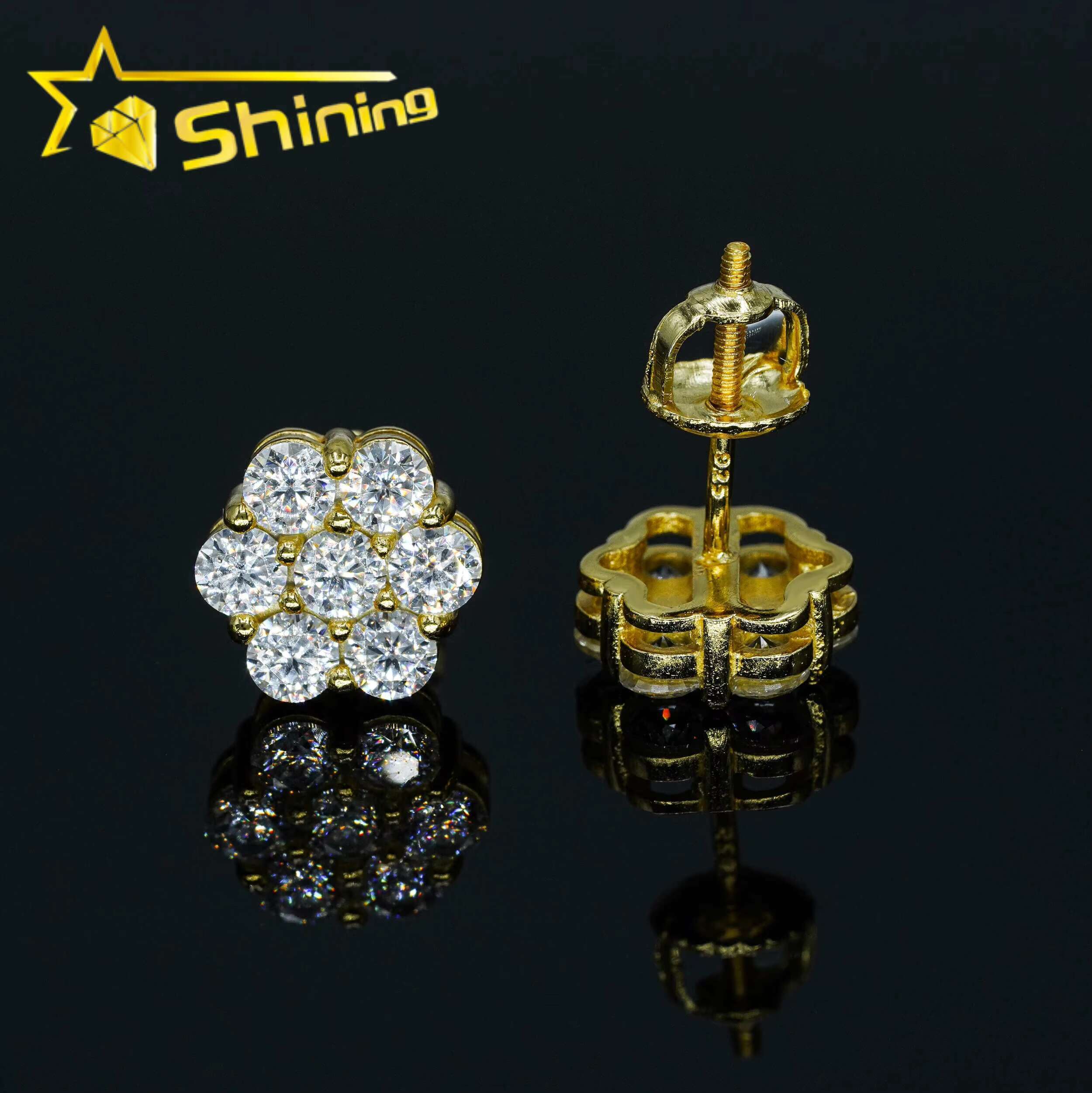 Hot Selling Gold Plated 925 Silver Flower Earrings GRA Certificated Screw Back Moissanite Cluster Ear Stud for Men Women