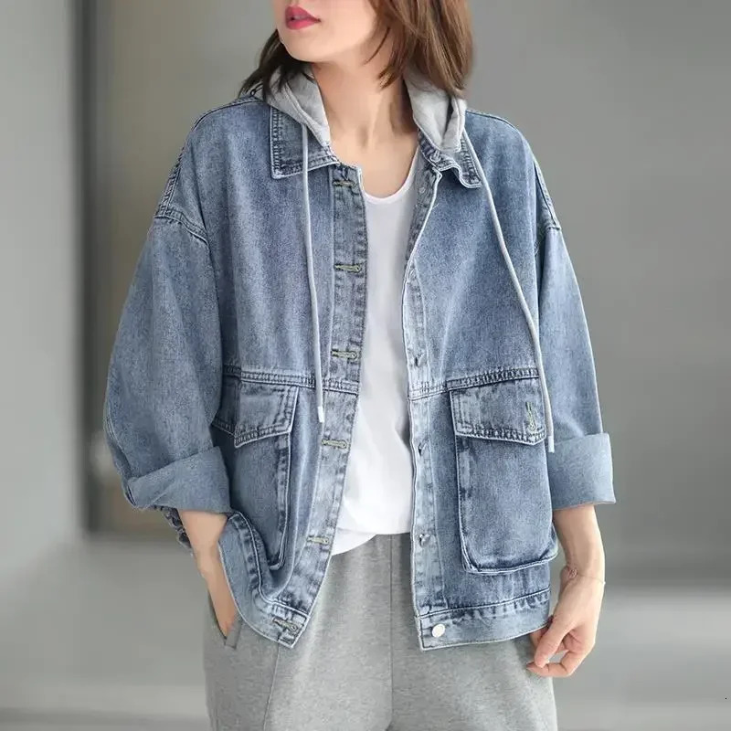 Korean denim jacket womens spring casual loose weight loss super big hat retro solid women 250326