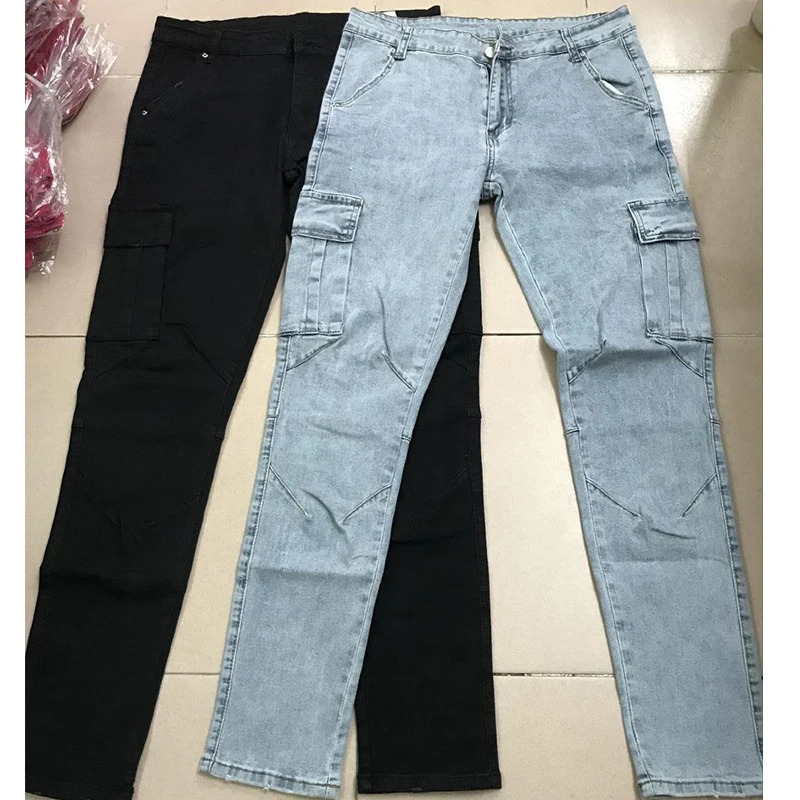 Jeans Men Pants Wash Solid Color Multi Pockets Denim Mid Waist Cargo Jeans Plus Size Fahsion Casual Trousers Male Daily Wear 250317