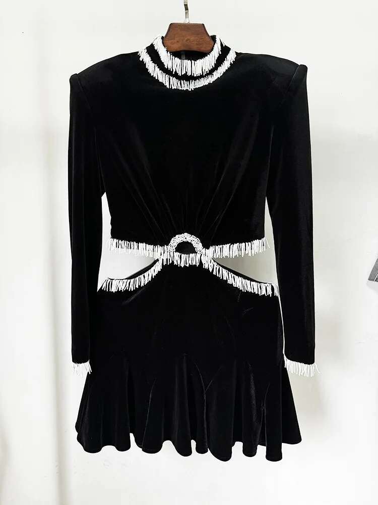HIGH STREET 2025 Newest Fashion Designer Dresses Women's Long Sleeve Beaded Veet Hollow Out Dress