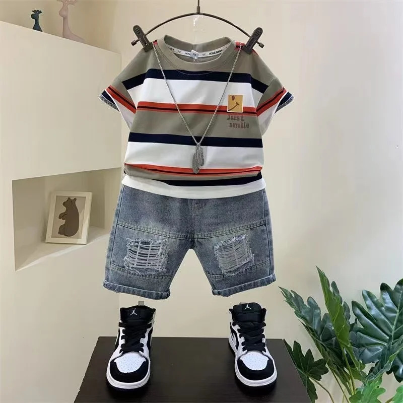 Boys Summer Boutique Outfits Cotton Set Baby Boys Short Sleeve Shirt Jeans Shorts 2pcs Clothing Children 6 7 8Y 250326