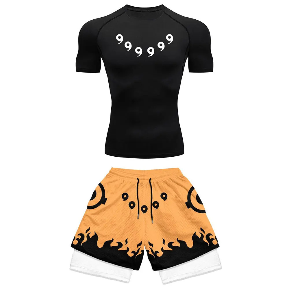 Mens Sports Compression Set Anime Printing Gym T-shirt Breathable Running Shorts Quick Drying Sports Protection Rush Sportswear Set 250326