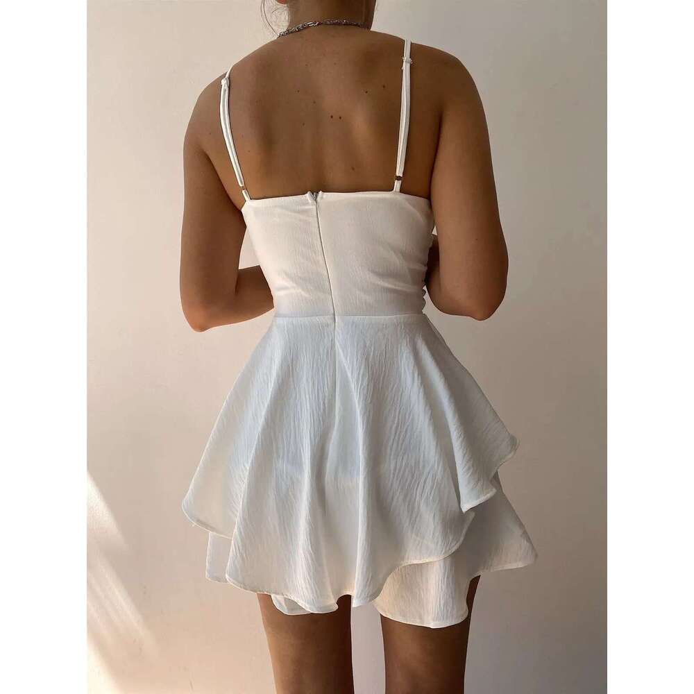 Sexy Slim Dresses Strap Suspender Y2k Solid Ruffles Rompers Summer Casual Threaded Slip Playsuits Female Elegant Clothes