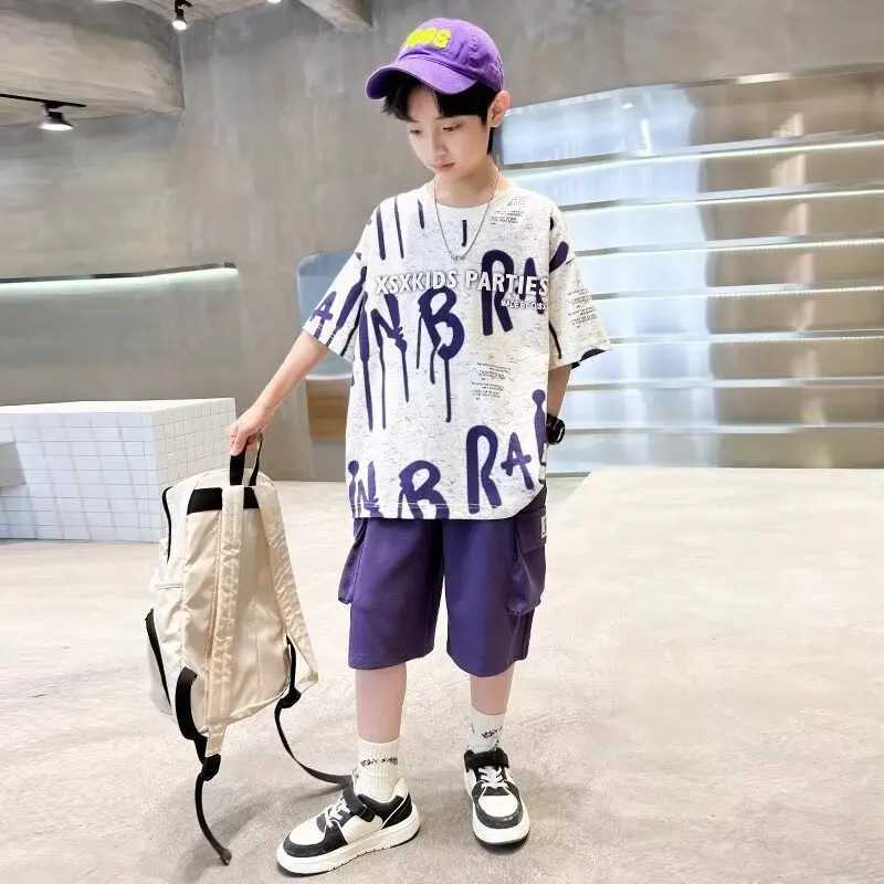 Summer Boys Purple Sets Korean High Street Fashion Kids T-shirts Shorts 2-piece set of high-quality childrens sportswearT250327