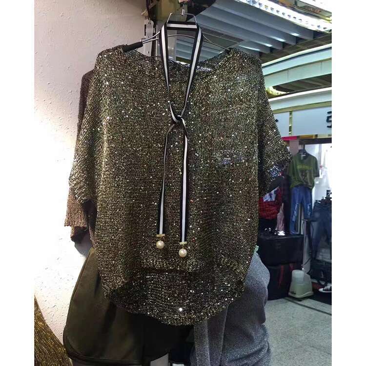 hoodie Women Shiny Bright Silk Pullovers Short Long Sleeve Round Collar Loose Tees Tops Casual Sexy Golden Black Basic Shirt Holiday jacket