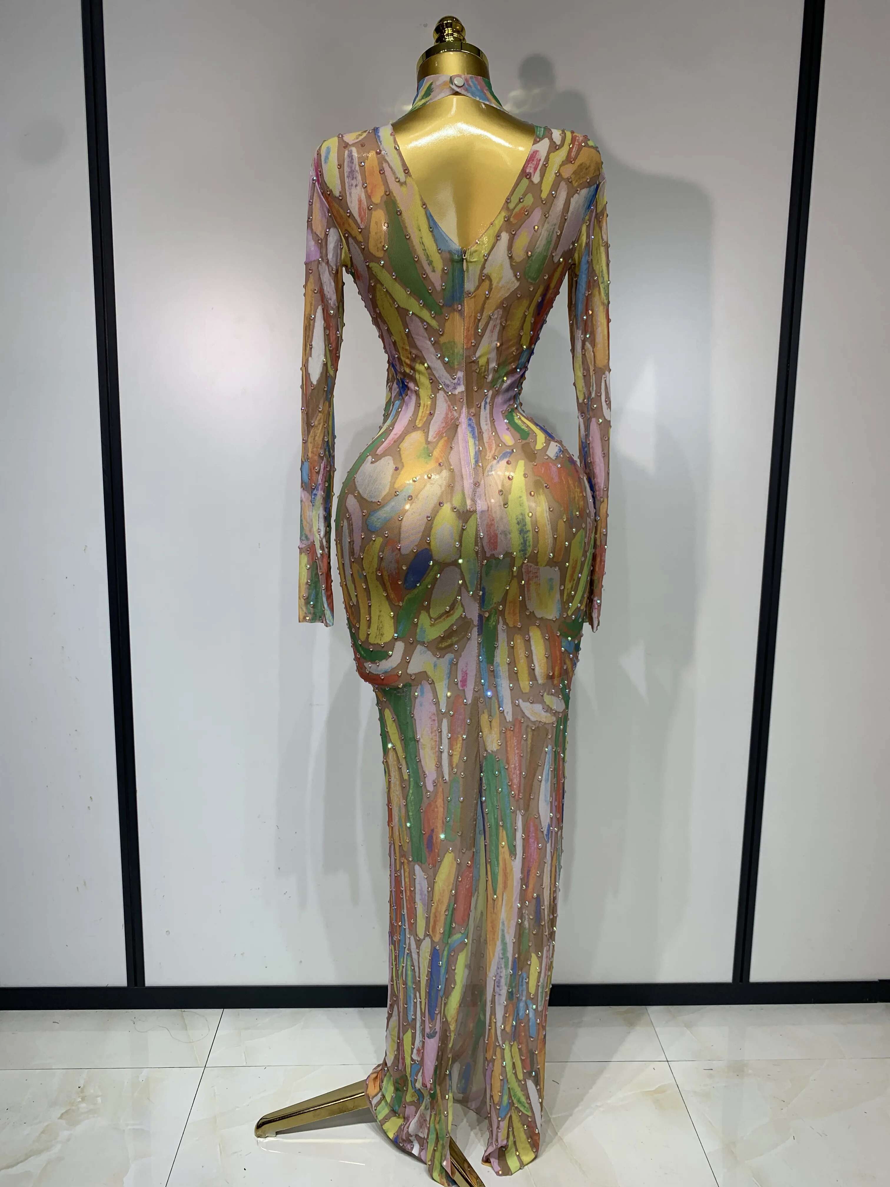 Sparkly Rhie Stretchy Mesh See Through Jumpsuit Women Performance Dancer Costume Rompers Party Nightclub Stage Outfit