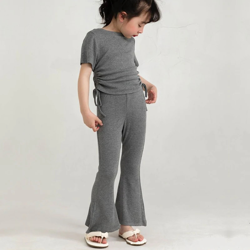 2Pieces Summer Kids Girls Solid Ribbed Outfits Toddler Soft T-shirt Top Elastic Waist Bell Bottoms Flare Leg Pants Clothes Set 250326