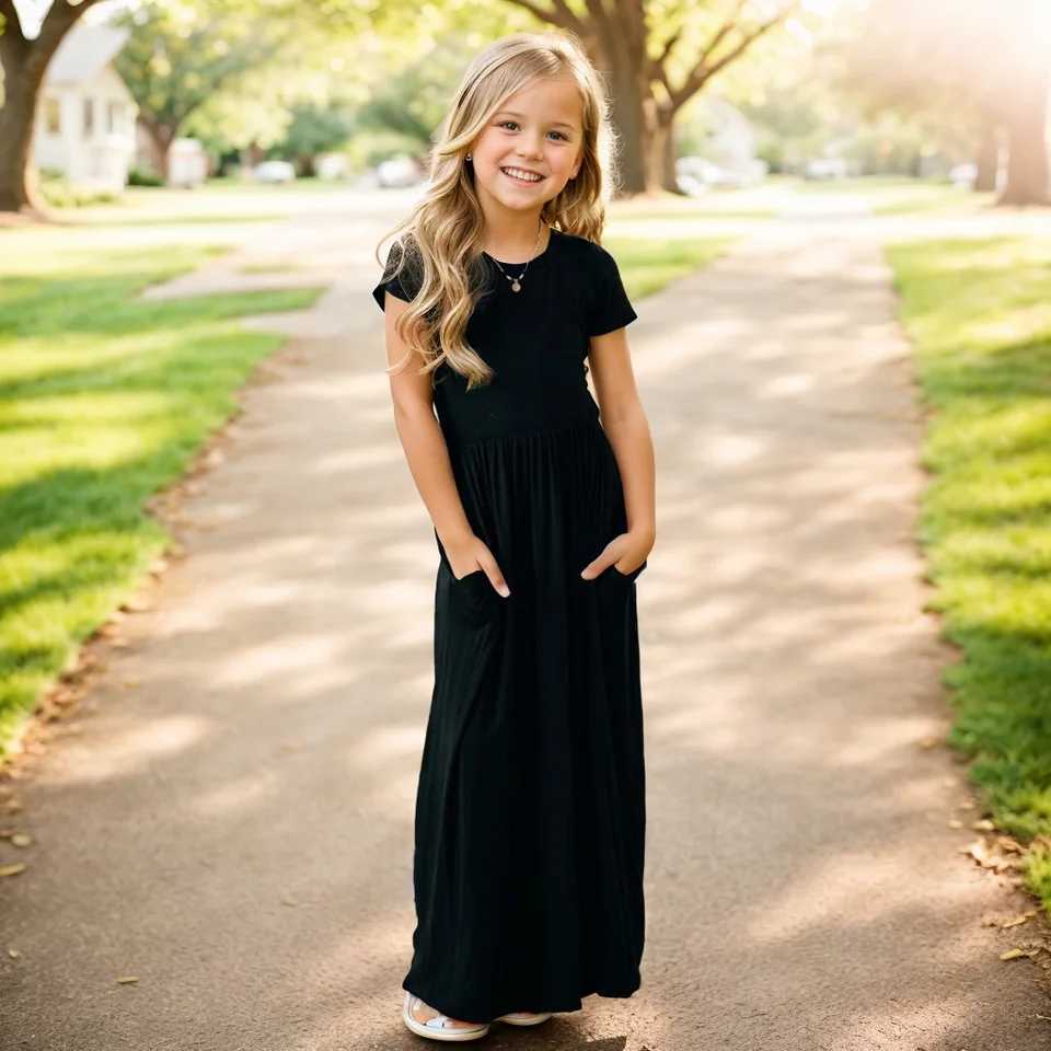 Summer girls new solid color short sleeved long skirt beach Par birthday casual fashion show version A-Line dress W250326