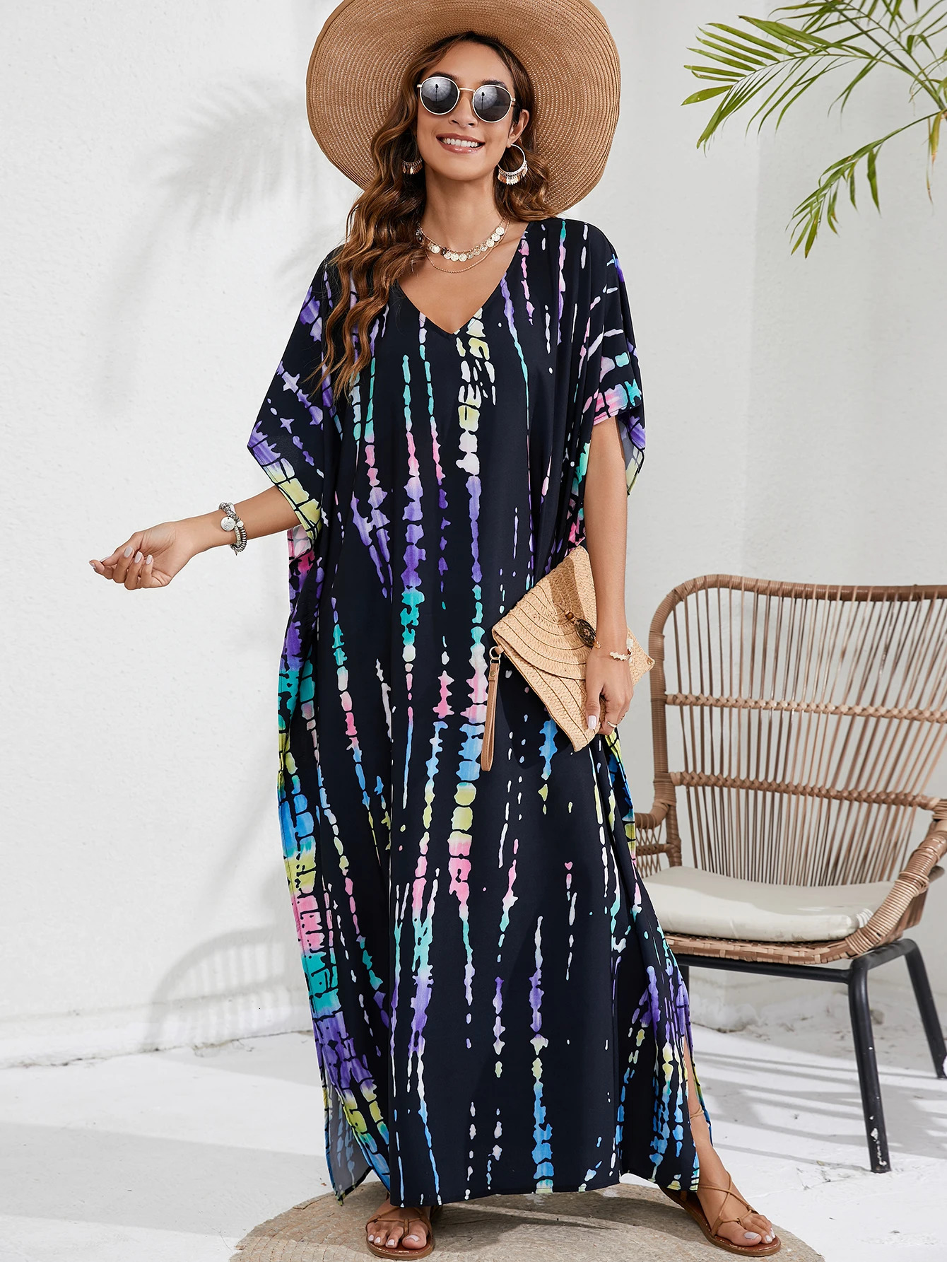 Womens Bohemian overlay plus size tie dye batwing sleeves Vneck Maxkaftan dress 250326
