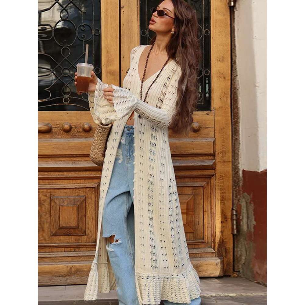 Women's Coat Knitted Hollow Out Cardigan Women's V-Neck Long Petal Sleeve Sweater Single Breasted Maxi Coats Autumn Elegant Outwear
