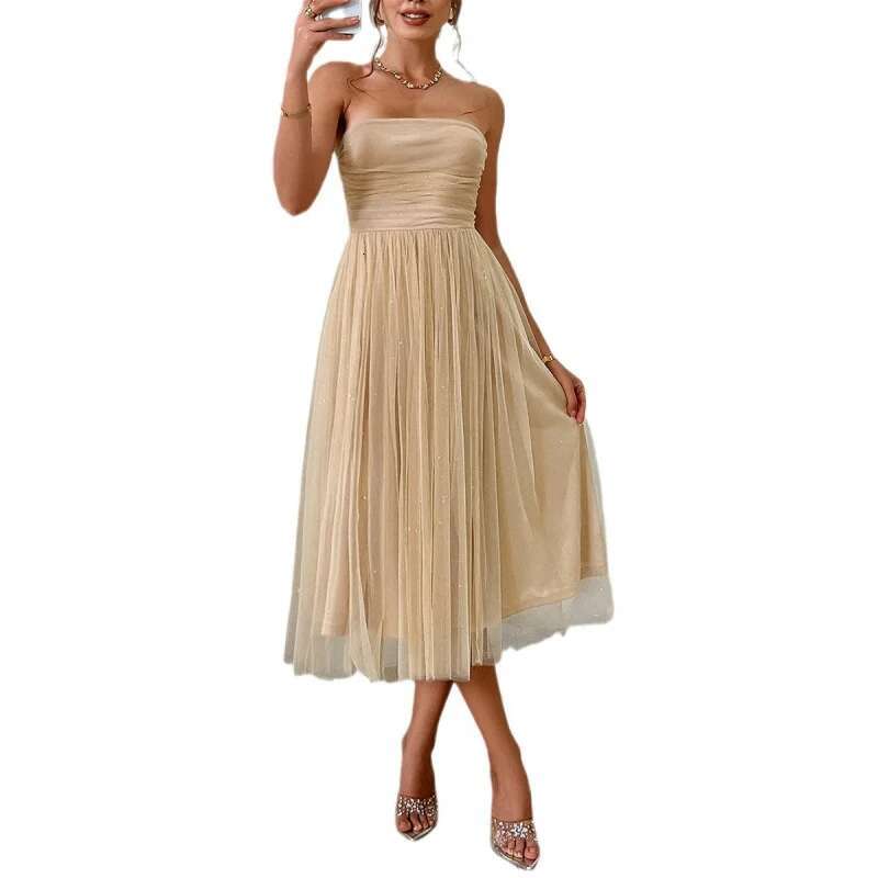 Dongdumaoyi Lente En Zomer Sexy Tube Top Hoogwaardige Mesh Feestdiner Halflange Jurk C