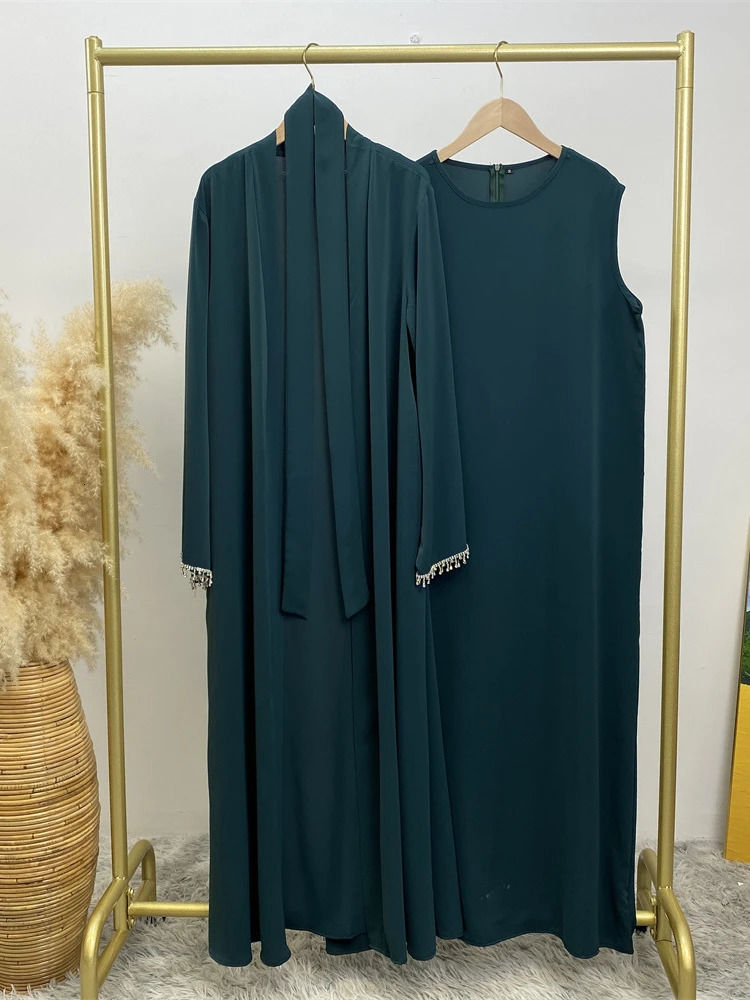 Muslim Abaya Womens 2pieceS etf orE ida lF itrf eaturingd iamondsa ndk imonoOp enco llarop 250326