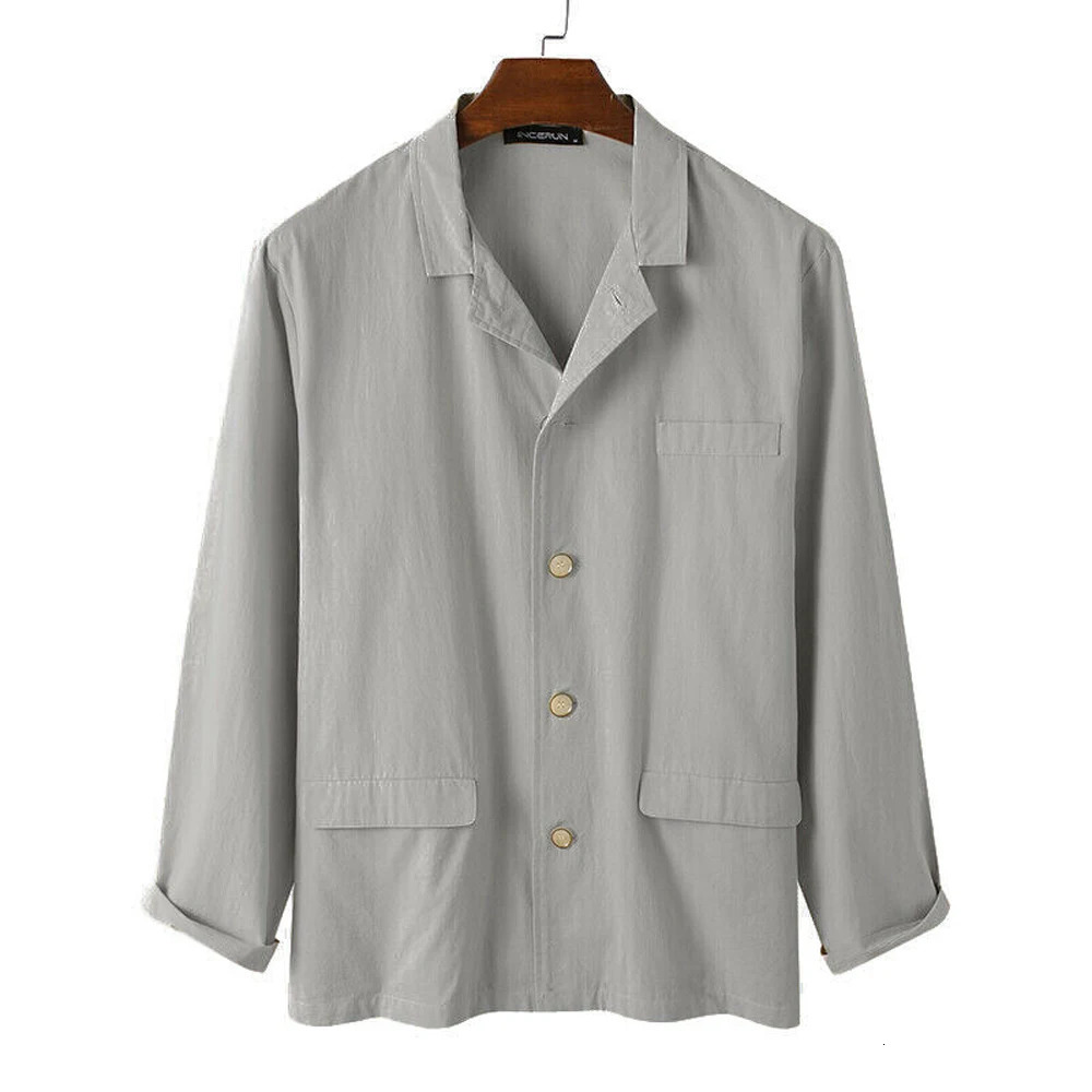 Mens casual loose suit jacket fashionable solid color lapel button long sleeved linen cardigan business commuting 250326