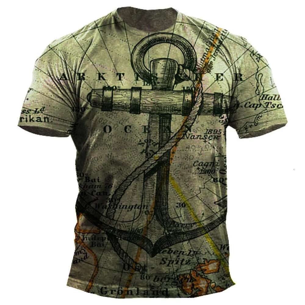 Men s summer short sleeved T shirt high definition printed retro D compass fashionable personality oversized street top round neck comfortable clothin