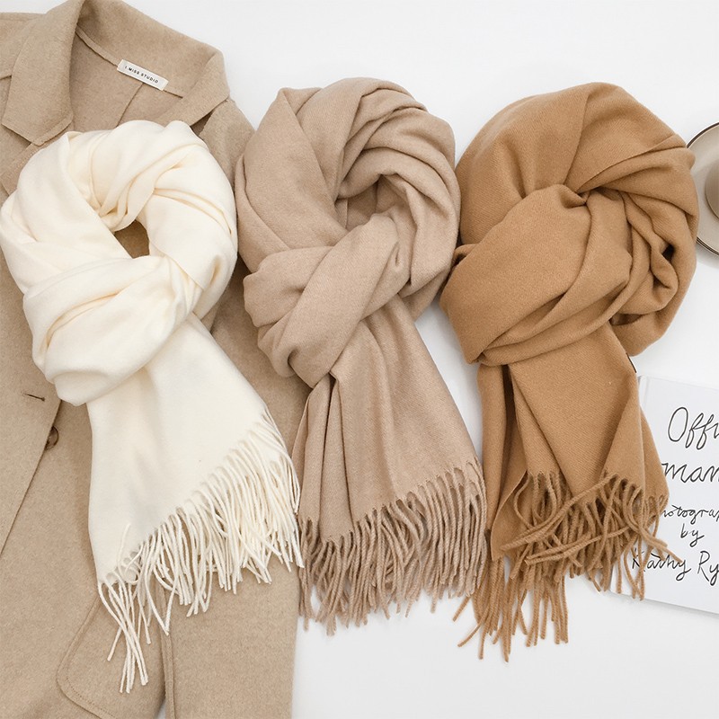 K241 Cashmere wool feel scarf women solid color tassel long warm imitation cashmere scarf versatile Korean style thick neck scarf