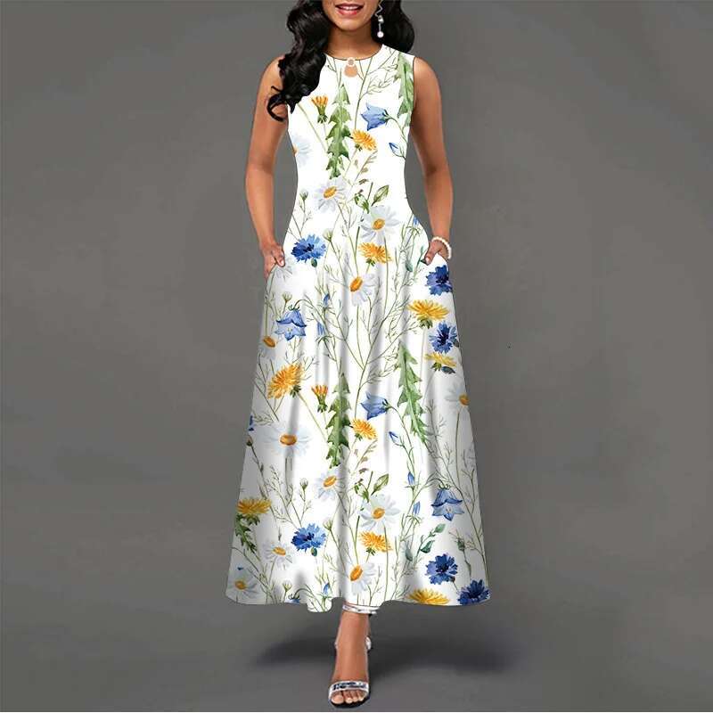 Dongdumaoyi Keyhole Jurk Met Bloemenprint Boho Mouwloze Maxi Ronde Hals En Zak Dameskleding