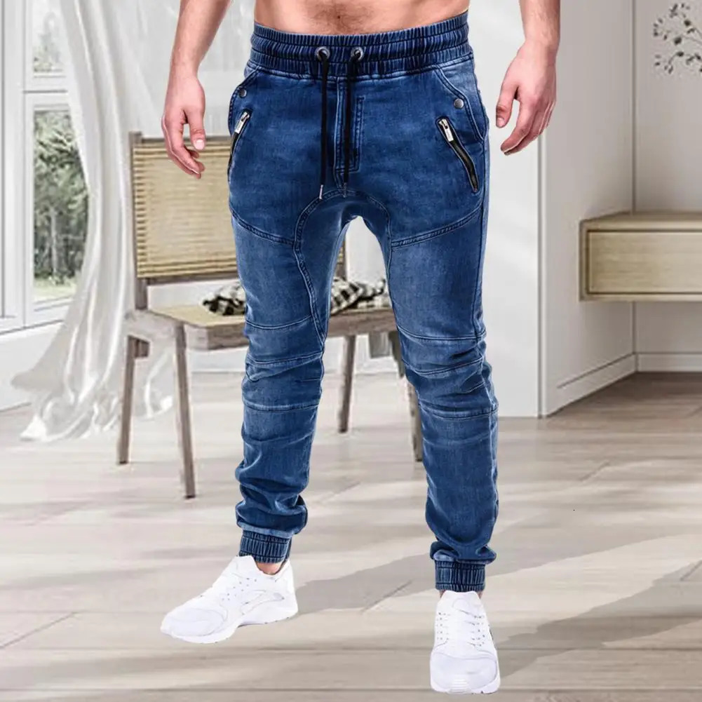 Mens Outdoor Summer Riding Jeans Motorpoof Jeans Skinny Jeans Fashion Pockets Denim Pencil Pants Ankle Tied Denim Trousers 250317