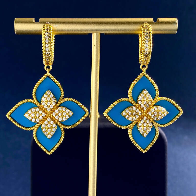RC Four Leaf Clover Sparkg Dia wer Female Coldness Style Three Dimensional Pendant Ins Wind Earrings