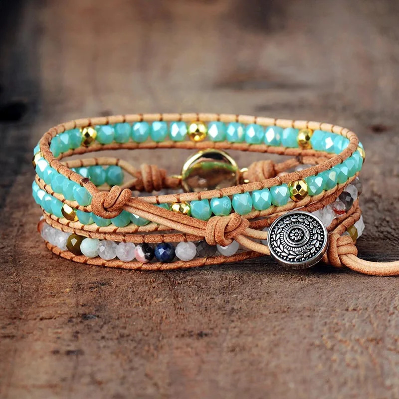 Top Quality Women Bracelets Natural Opal Stone Rhinestone 3 Rows Leather Wrap Bracelet Fancy Femme Boho Bracelets Dropship 250318