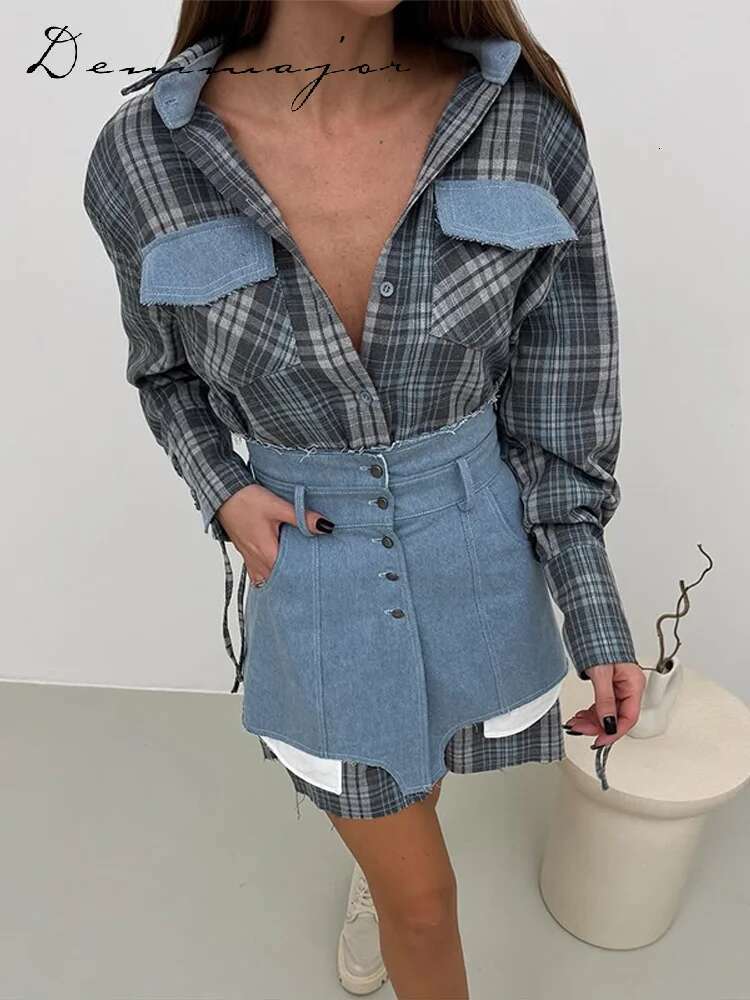 Plaid Patchwork Denim Skirt Set Women Lapel Single Breasted Long Sleeved Jacket Asymmetrical Mini Skirts Summer Lady Outfit