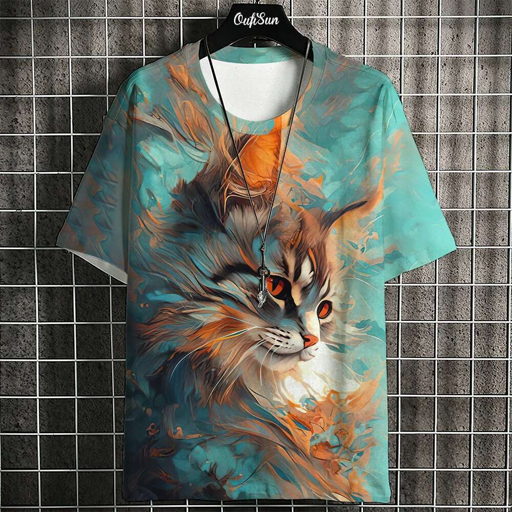 Samurai cat men s T shirt summer fashion Japanese short sleeved oversized street clothing casual sportswear top