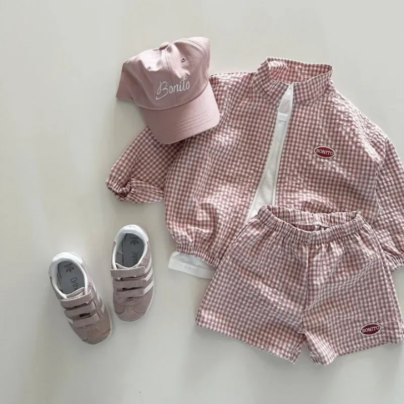Boys Summer Suits Korean Kids Plaid Long-sleeve Zipper Sun Proof Coat Shorts 2Pcs Fashion Toddler Girls Clothes Sets 250326