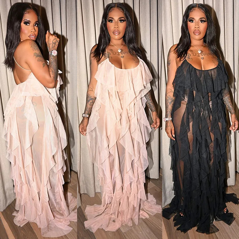 Sexy Mesh Beach Maxi Dresses Women Spaghetti Strap Ruffle Robe Swimwear Summer Fashion Backless Swimsuit Cover Up 250326
