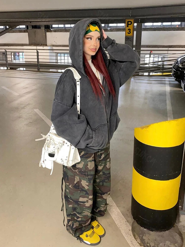 Fashionable retro clothing washed old zipper long sleeved hoodies oversized sweatshirts spring and autumn streetwear 250326