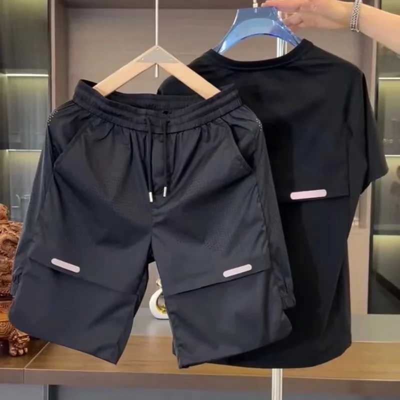 2024 Summer New Mens Breathable Perforated Ice Silk Short Sleeve Set Loose Quick Drying Sports and Leisure Two Piece SetXJ250326