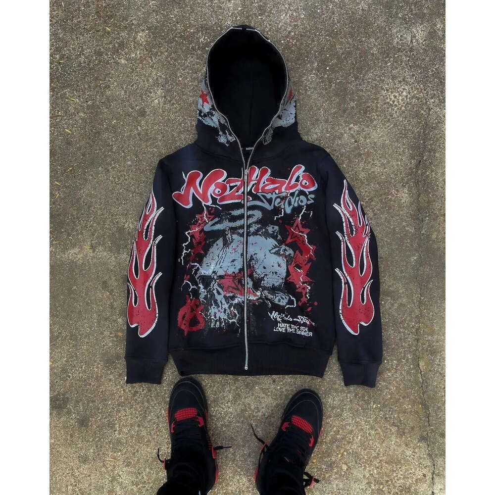 Y2K American Harajuku Dark Hip Hop High Street Cartoon Printed Zipper Loose Hoodie gift for man