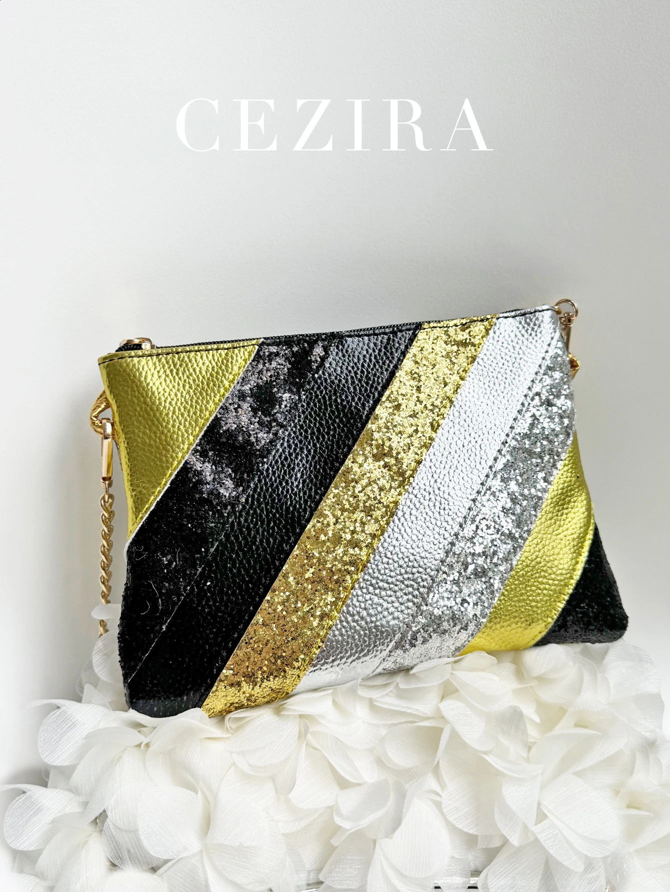 Womens metal PU leather patch work clutch bag fashionable shiny sequin chain shoulder cross body handbag party 250326