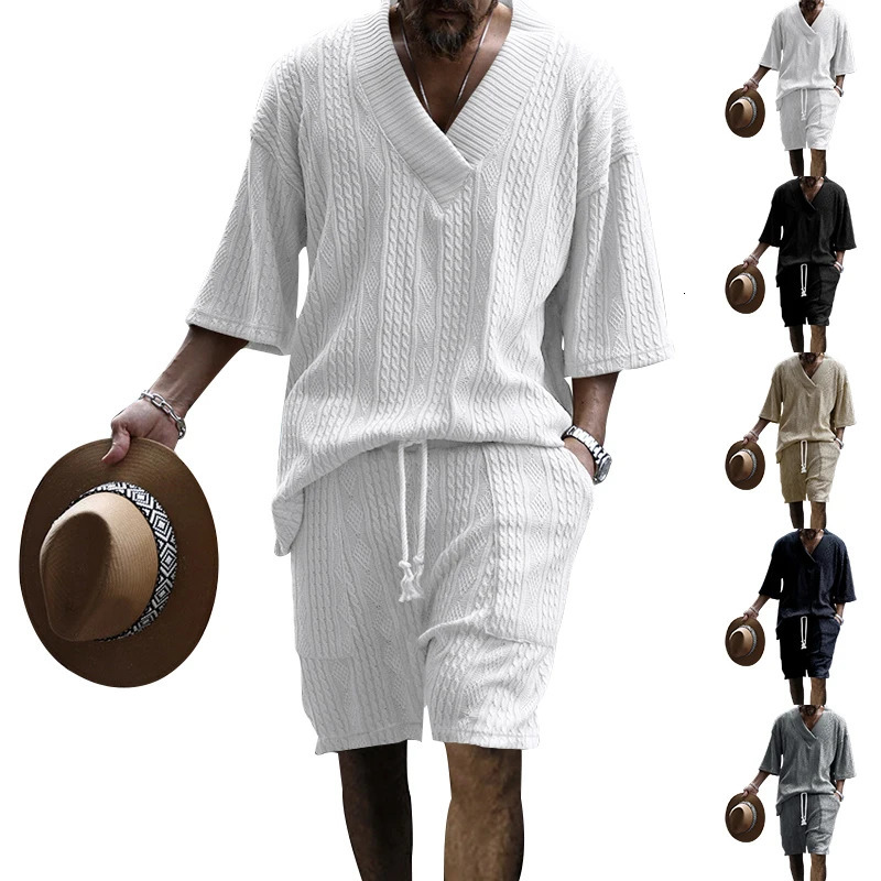 summer mens loose casual sportswear highquality jacquard Vneck short sleeved twopiece clothing w250327