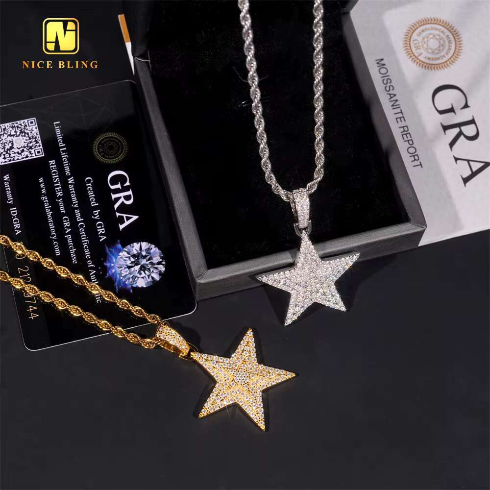 Fine Double Pentagram Design Custom Iced Out Hip Hop Moissanite Jewelry Pendant 925 Silver VVS Moissanite Diamond Charm Pendant