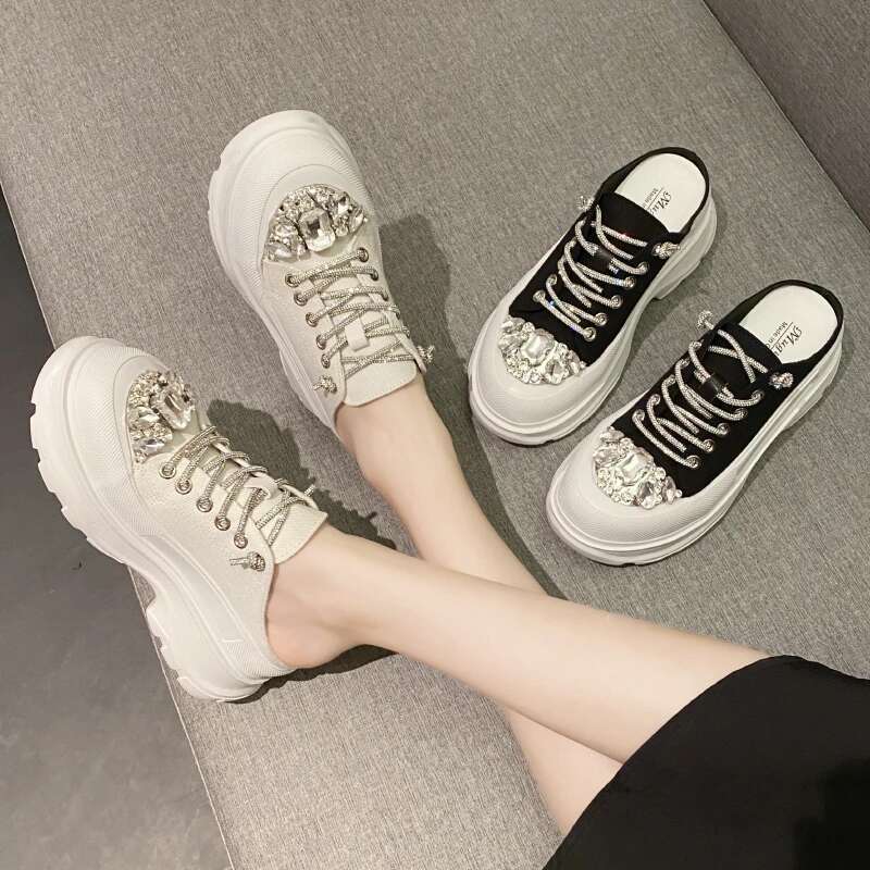 Designer Shoes Light Luxury Rhinestone Sparkling Rhies Four Season Casual Sports Shoes Women's Fashionable Lace Up Sports Slippers Multifunctiona
