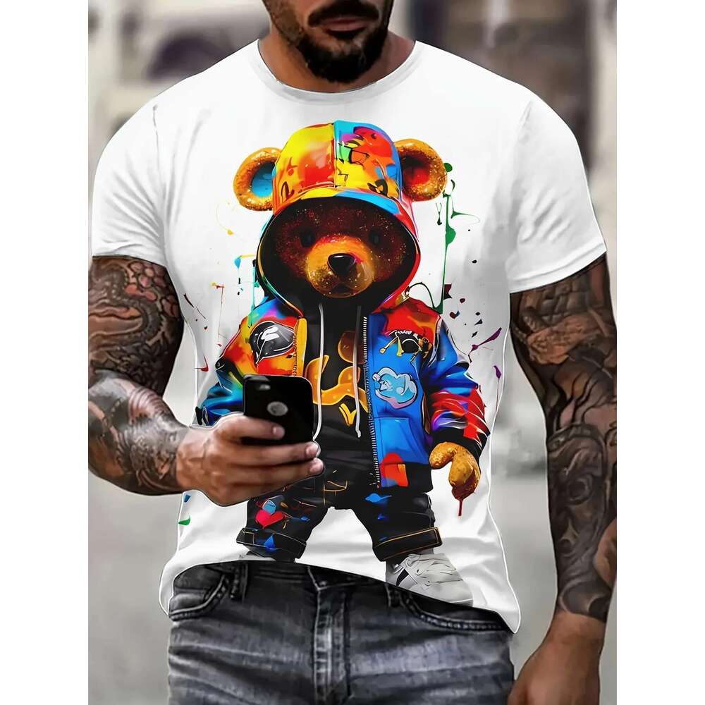 Men s T shirt Fashion Bear D Pattern Cartoon Color Round Neck Top Short Sleeve Summer Clothing