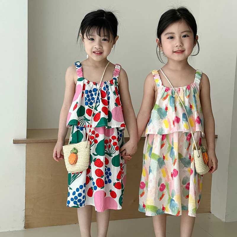 Childrens suspender backless dress 1-9 years fruit print sisters suit summer dress W250326