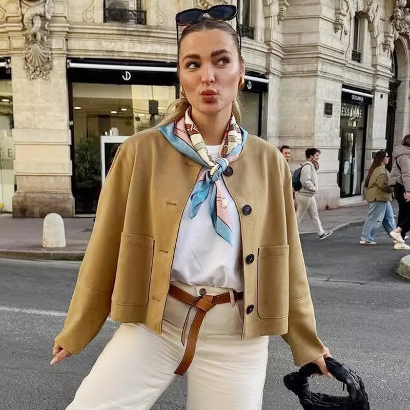TRAF suede jacket womens spring Coats Jackets crop Oneck button long sleeved fashionable and elegant 250326