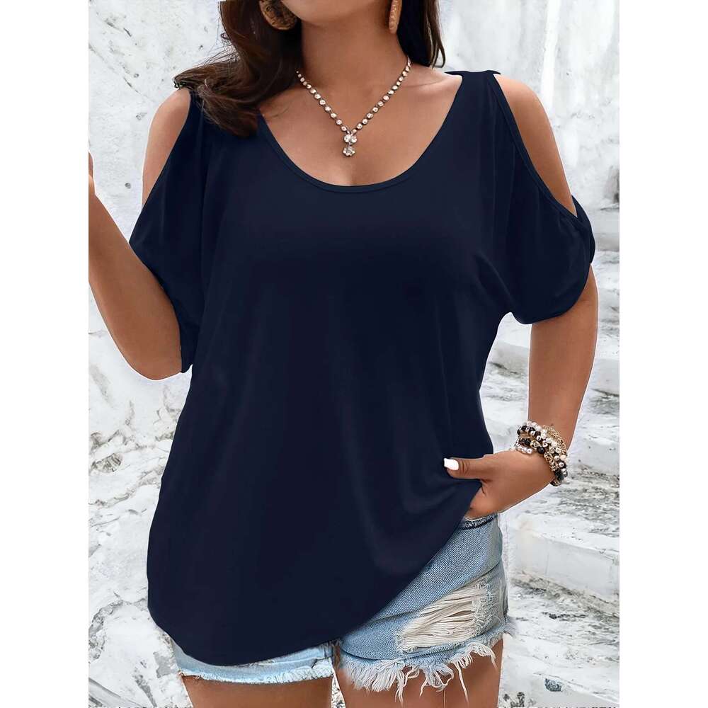 Large size women's off shoulder T-shirt, casual summer top, loose fit, fashionable cut