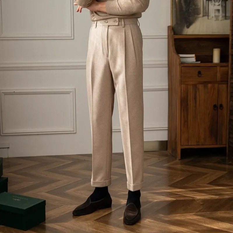Autumn Winter High-Waisted Woolen Casual Pants For Men Warm Straight-Leg Draped Narrowing Legging Casual Suit Pants 250317