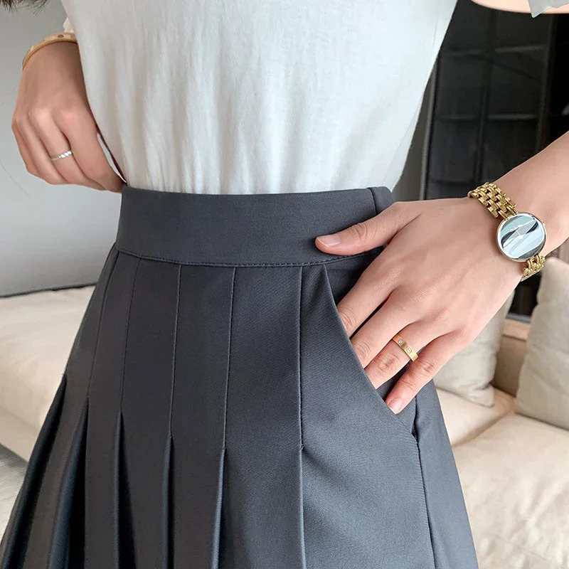 Rimocy Korean Elastic High Waist Folded Leather Womens Black Grey Short Line ALine Summer Jk Uniform Mini Skirt 250326