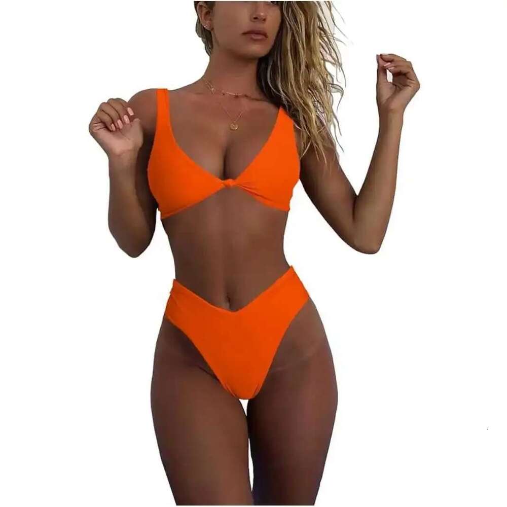 High-Waisted Bikinis Sexy Set Women's Solid Color Bow Design 2-Piece Swimwear European And American Cross-Border Style