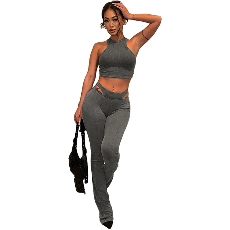 Designer Set 2025 Spring New Sexy Open Umbilical Cord Top Slimming Tank Top High Waist Pants Hollow Tight Pants Casual Women's Set Black Trendy D