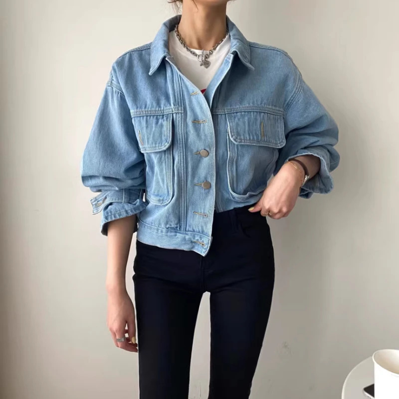 Neploe Retro Collar Single Chest Denim Coat Spring Autumn Laundry Blue Jacket Womens Y2k Long Sleeve Loose Top Unprinted Good Product 250326