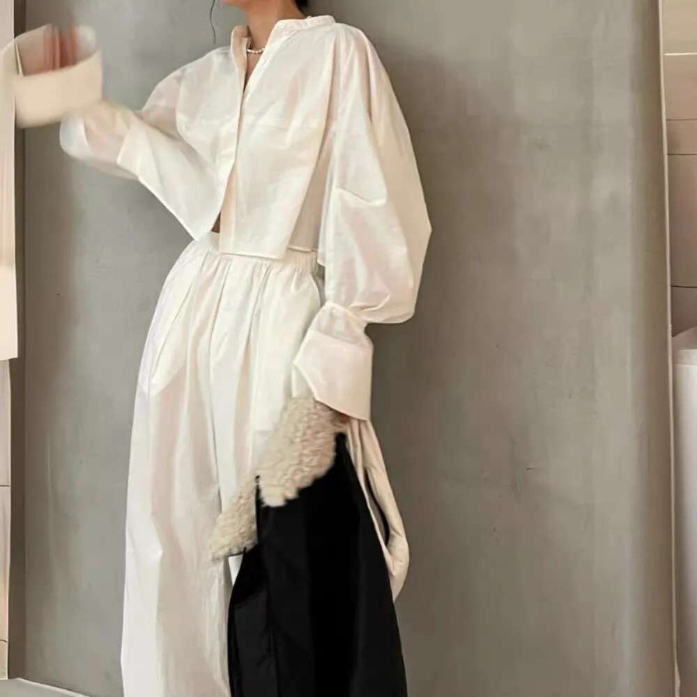 Elegant Loose Stand Collar Flare Sleeve Patchwork Blusa Single Breasted All-Match Slim Fit Top Japan Soft Casual Shirts