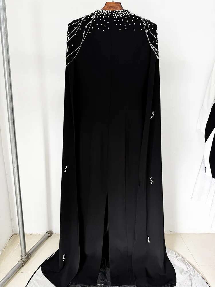 HIGH STREET Newest 2025 Designer Vestido Women's Dias Beaded Chains Cape Sleeve or Length Maxi Long Dress