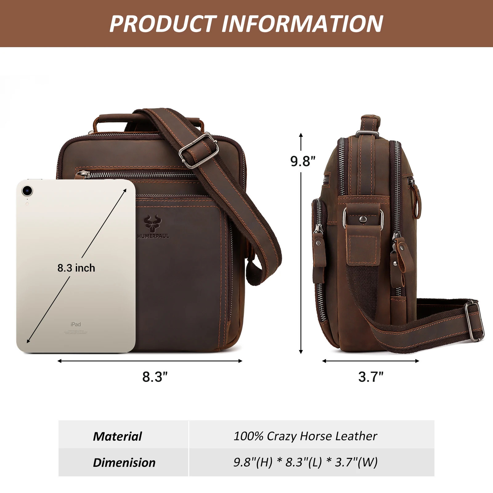 Crazy Horse Leather Mens Shoulder Bag Retro Cross Body Leisure Office Messenger Business Travel Handbag 250326