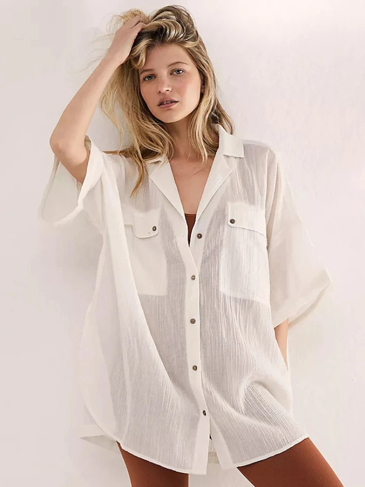 Womens beach cover Ups pure white black shirt with pockets vintage style holiday swimsuit 250324