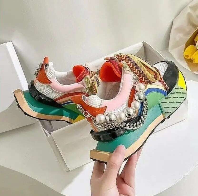 Designer Shoes 2025 New High Quality Leather Sports Shoes Lace Rainbow Platform Pearl Chain Decoration Fashion Vulcanized Shoes For Women