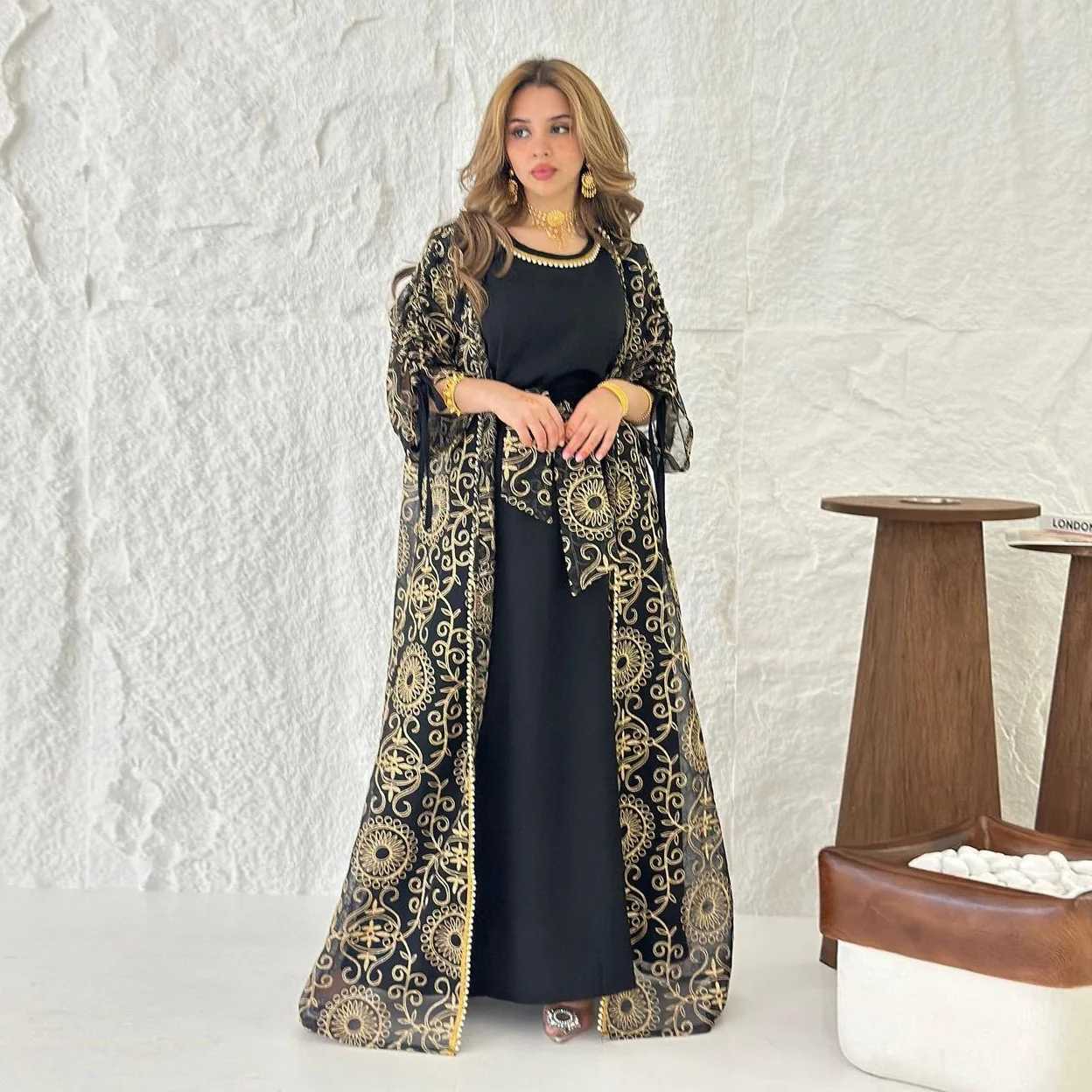 Elegant Black Abaya Set with Gold Embroidery Patterns Belted Inner Dress for Islamic Womens Turkey in the Middle East Ramadan X250514