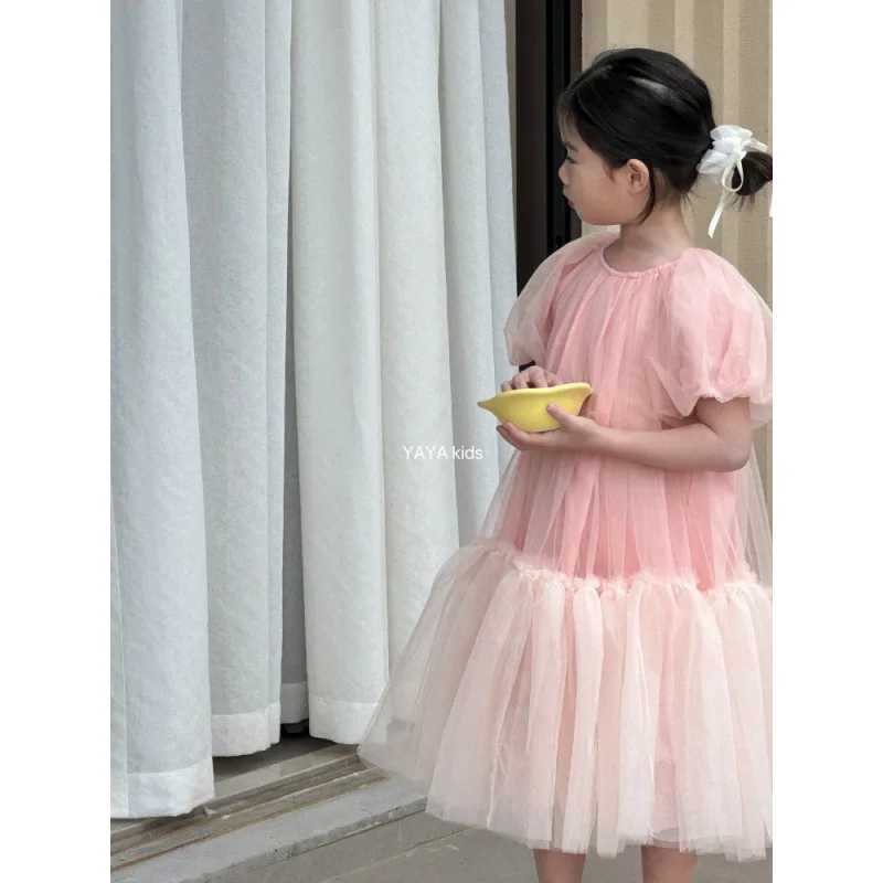 Childrens Dress 2025 Summer Short Sleeve Gauze Pink Kids Girls Princess Dress Bubble Sleeves Fluffy Girls Birthday Dress W250326